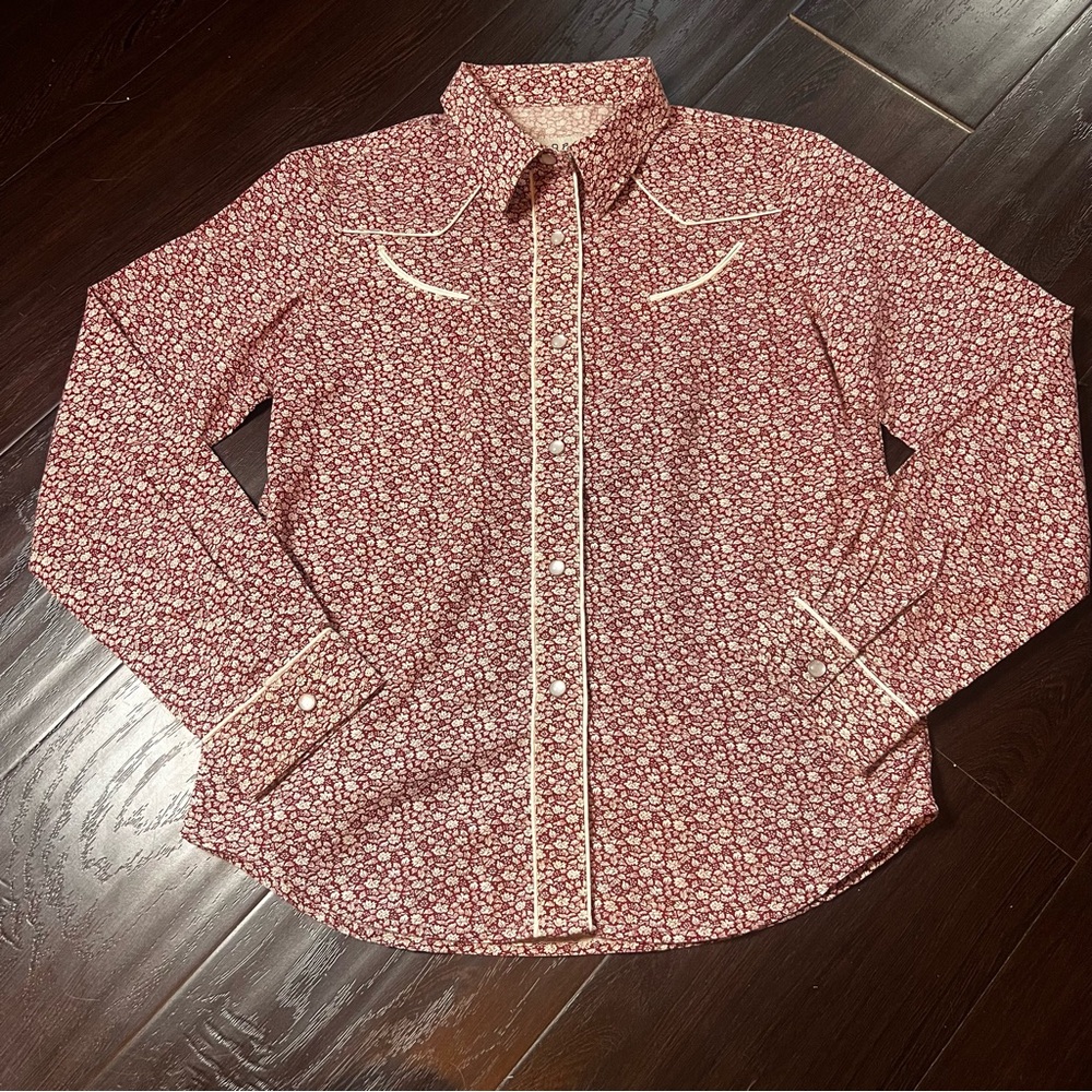 Roper Kid Riding Red and White Floral Button Down Shirt size 10-12